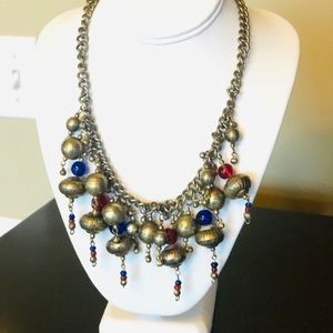 Vintage 1940s Brass and Colored Glass Big Necklace